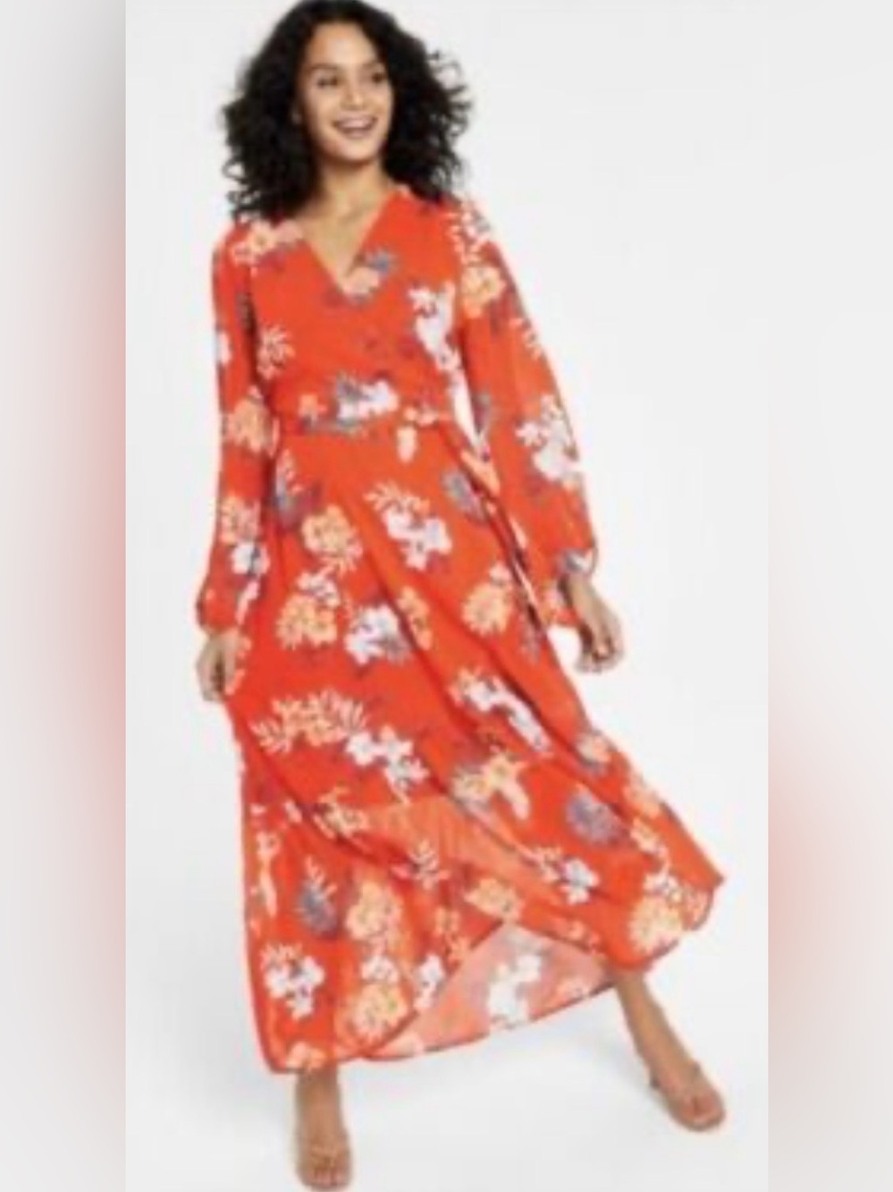 Bar III Orange Floral Long Sleeve Wrap Maxi Dress